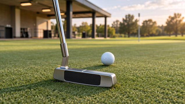 Close up of a golf putter and ball on a green putting green. Golf club equipment on course
