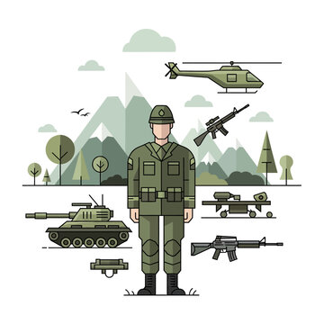 Soldier and Military Equipment Flat Illustration