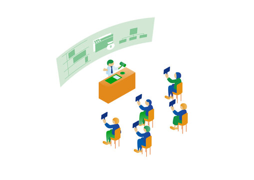 Pop Isometric Vector Illustration of an Online and Live Business Auction Scene