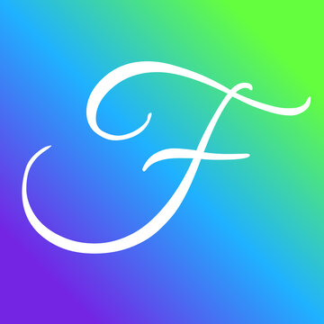 Elegant calligraphic letter f rendered in white against a vibrant gradient background featuring smooth transitions of blue purple and green