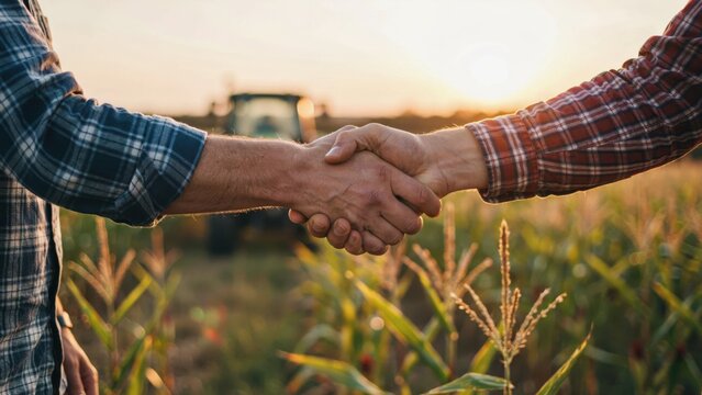 Two farmers shaking hands in a corn field at sunset