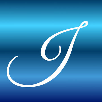 Elegant handwritten letter J calligraphy character presented in white against a sleek gradient blue background with smooth professional artistic lighting