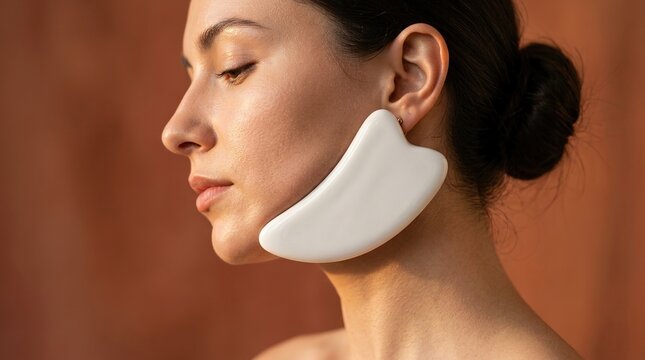 Side view of woman using large white ceramic gua sha tool for jawline contouring and facial massage