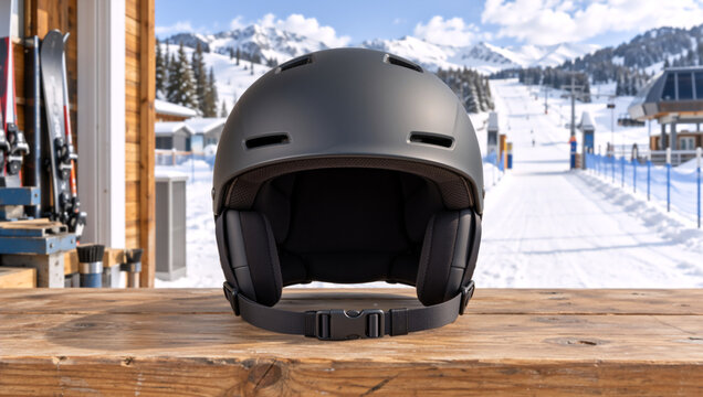 Matte black ski helmet on a wooden table. Snowy ski resort and mountain slopes background. Winter sports safety gear
