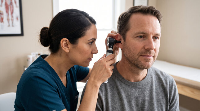 Professional doctor examining patient ear using otoscope for medical checkup in clinic office with focused expression of care