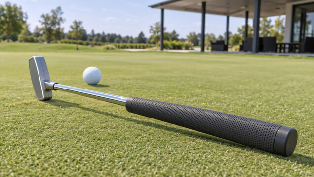 Golf putter lying on a green grass putting green. White golf ball on a golf course with a clubhouse in the background. Sports and recreation concept