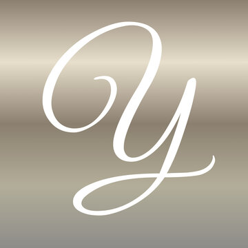 Elegant handwritten letter y rendered in white script typography set against a smooth gradient background with soft metallic bronze tones