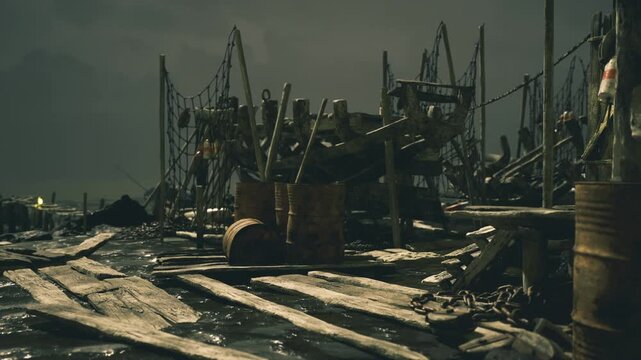 Storm battered harbor with scattered debris and stacked pallets, secured barrels and frayed ropes, signs of cleanup and reconstruction, muted light promising