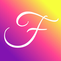 Elegant letter f written in sophisticated white calligraphy font centered against a vibrant multicolored gradient background with smooth glowing artistic transitions © Harsh