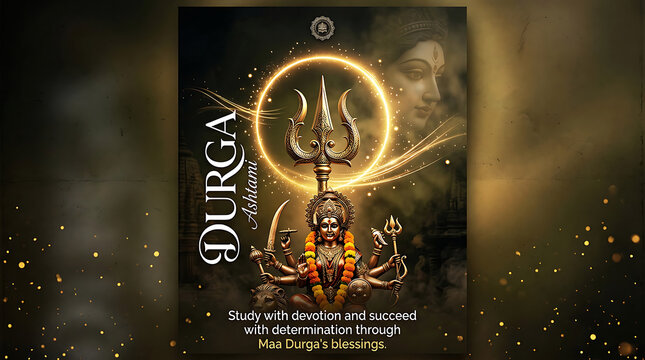 Durga Ashtami religious poster with golden trident, goddess and Devi face, motivational quote, spiritual design