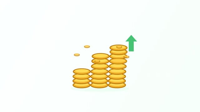 Animated graphic of coins stacking up with an upward arrow