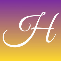 Elegant letter H in white cursive calligraphy style centered against a smooth vibrant purple and yellow gradient digital background texture © Harsh