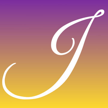 Elegant letter j in white calligraphy font style displayed against a vibrant purple orange and yellow gradient background artistic design