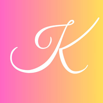 Elegant letter k typography design presented in white script font against a vibrant and colorful yellow to pink gradient background