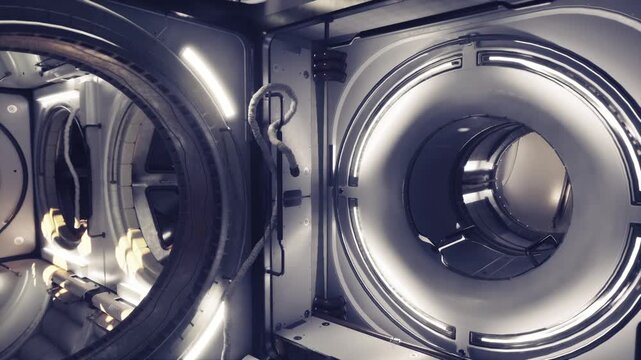 Closeup space station inspection hatch, ring handle and seal detail, textured metal surface, gasket and latch, subtle lighting and tactile finish