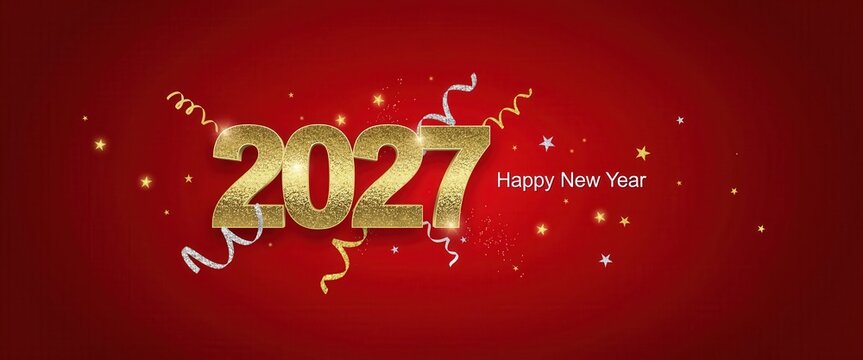 2027 happy new year gold glitter numbers with festive streamers on red background