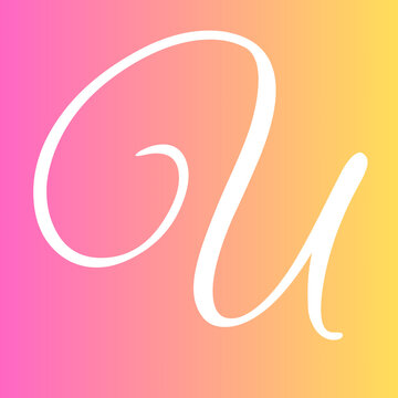Elegant letter u in flowing white calligraphy script style set against a vibrant and bright pink and yellow gradient background