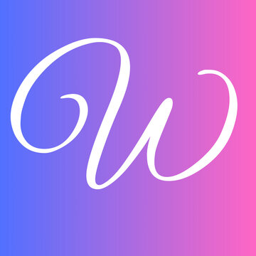 Elegant letter w rendered in clean white calligraphy style positioned over a vibrant smooth gradient background of blue and pink