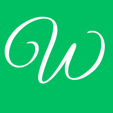 Elegant letter w rendered in crisp white calligraphy style script centered against a vibrant flat solid emerald green background texture