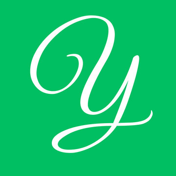 Elegant letter y written in a beautiful white cursive script font isolated against a vibrant flat solid green background color