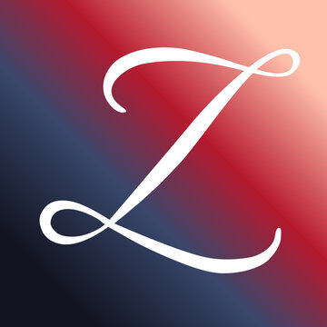 Elegant letter z written in graceful white calligraphy script centered perfectly against a beautiful vibrant red and blue gradient background