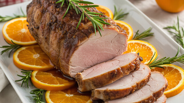 Close-Up Sliced Roast Pork Served with Thyme and Mustard on White Plate.