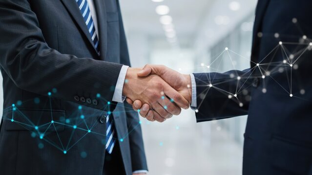 Business people shaking hands with digital network connection graphics