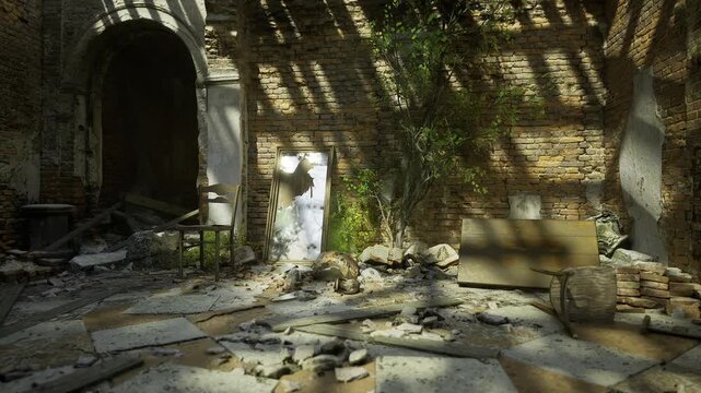 Sunlit ruined hall with solitary woman, conservator photographs light patterns on cracked tiles, vines climbing arch, scattered stones and soft shadows