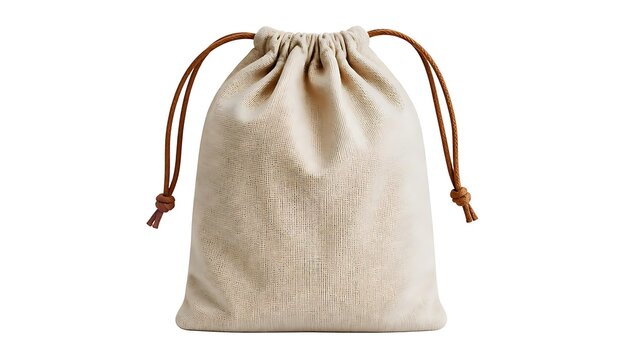Natural cotton drawstring pouch bag isolated on transparent background, eco friendly reusable fabric sack with textured canvas material and rope closure