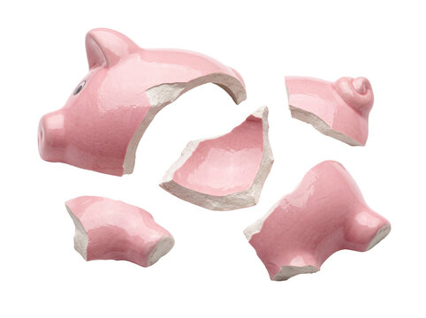 Broken pink piggy bank ceramic shattered into pieces floating on black background symbolizing financial crisis, loss of savings, inflation, bankruptcy, economic debt, and budget cuts.