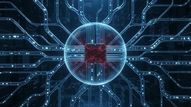 Abstract futuristic technology background with glowing circuits, microchip processor core, and data streams flowing through a complex digital network architecture for modern IT concepts