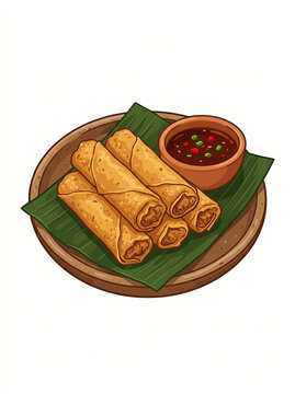 Lumpia Semarang Indonesian crispy fried spring rolls with sauce vector icon illustration