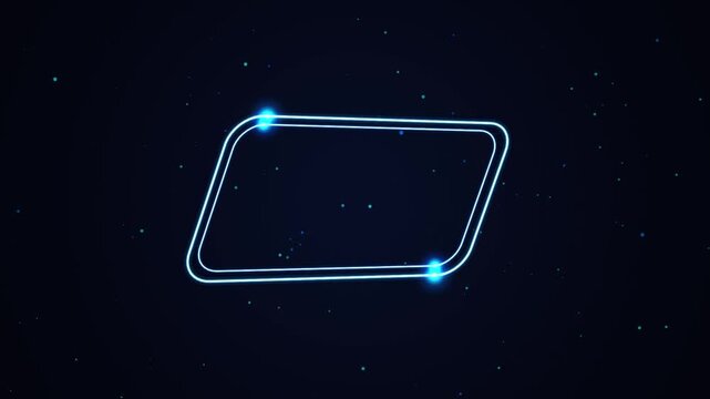 Glowing neon parallelogram frame with floating particles on dark background, light