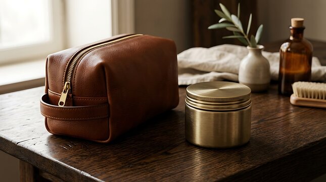 Premium brown leather toiletry bag for men with a brushed brass grooming jar and amber glass apothecary bottle on a dark wooden table, luxury travel kit and skincare accessories in a minimalist