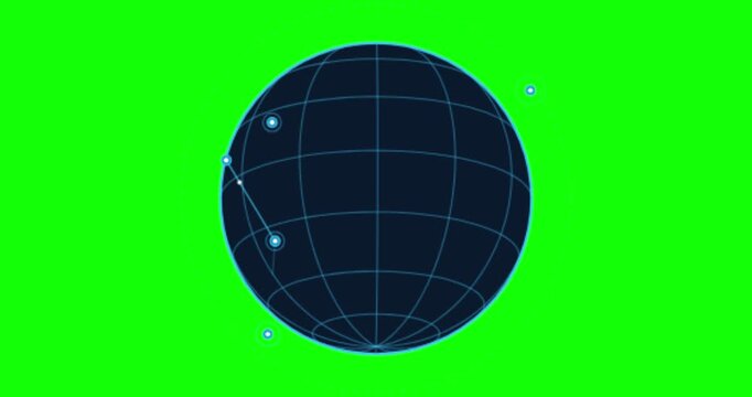 Six digital blue globes with grid lines and glowing node connections on a bright green chroma key background. Ideal for technology news and futuristic sci-fi projects.