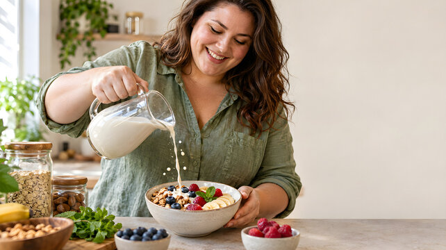 Plus size woman pours oat milk over berry granola in a bright kitchen