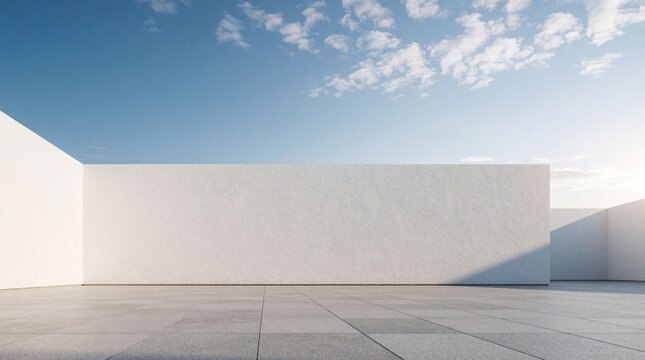 Modern minimalist architecture features white exterior wall, grey stone pavement. Empty urban space under bright blue sky with light clouds. Contemporary building facade design provides blank