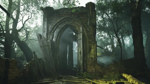 Sunlit mossy arch opens into clearing, soft beams filtering through canopy, winding path through ferns, secluded mood suggesting hidden threshold and invitation