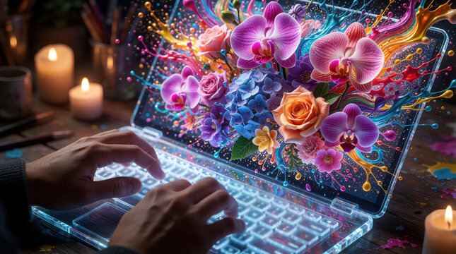 Designer hands type on holographic glass keyboard. Colorful 3D flowers, paint splashes, abstract shapes grow from laptop screen. Digital art meets nature through AI technology. Creative process shows