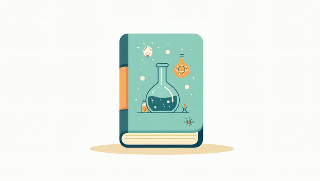 Charming vector illustration of a science alchemy book with glowing flasks, beakers, and magical potion symbols