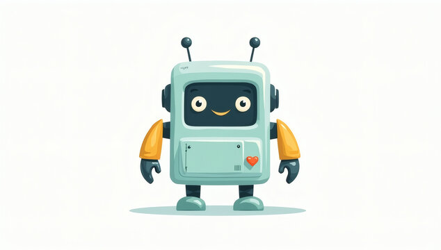 Adorable light blue robot character with a smiling screen face and yellow arms on white background, representing friendly artificial intelligence