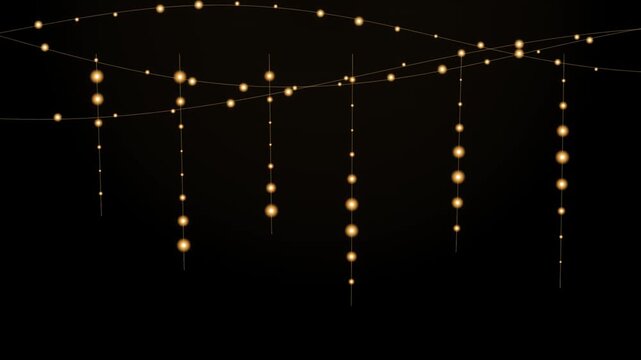 Golden hanging string lights glowing on black background, festive party decoration overlay, celebration atmosphere, warm bokeh effect