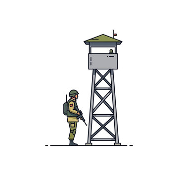Soldier Guarding Watchtower, Military Security Post, Observation Tower