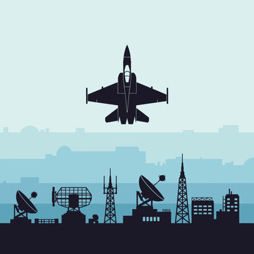 Silhouette Military Jet Flying Over Radar Station and Cityscape