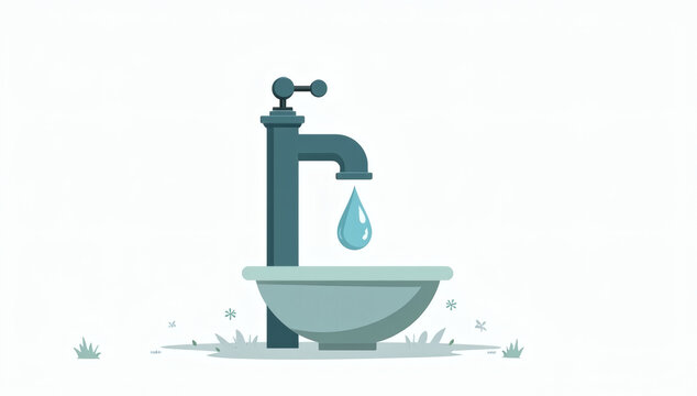 Flat vector illustration of a water tap with a single falling drop over a washbasin, symbolizing water conservation and ecology