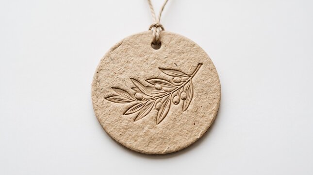 Round beige textured tag with an embossed branch design on a white background