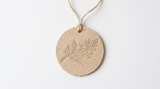 Round kraft paper gift tag with embossed botanical leaf design on white background