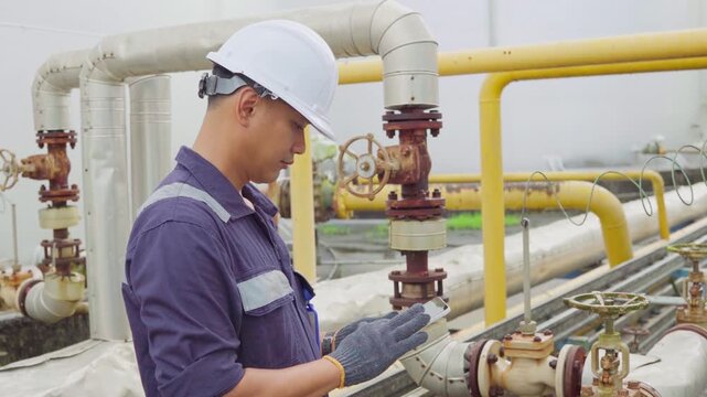 Petrochemical Engineers checking reports tablet for technical inspections in oil refinery. Technicians working on checklist in the oil storage tank area. Factory and industry manufacturing. Oil tank