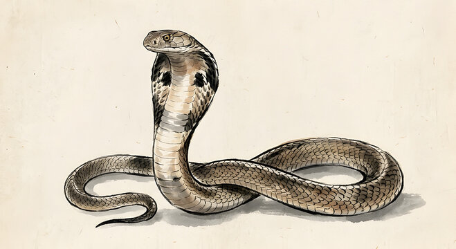 Watercolor and ink illustration of a king cobra with raised hood coiled on a beige paper background