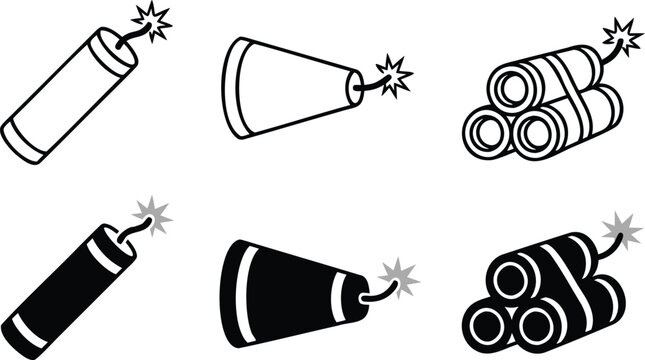 Dynamite and Firecracker Vector Icon Set featuring Burning Fuse Line Art and Silhouette Designs for Explosive Warning Signs Game Assets and Festive Holiday Graphic Elements